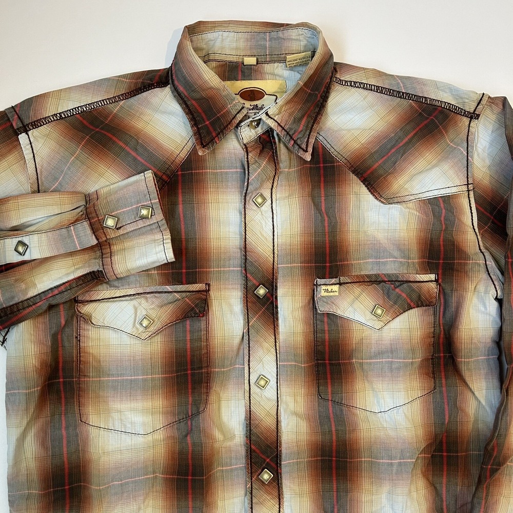 Larry Mahan Pearl Snap Shirt Mens Small Brown Plaid Western Wear Long Sleeve